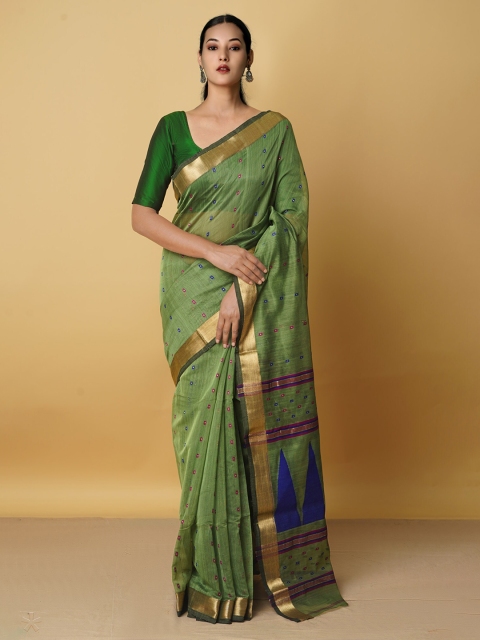 

Unnati Silks Green & Gold-Toned Woven Design Zari Silk Cotton Maheshwari Saree