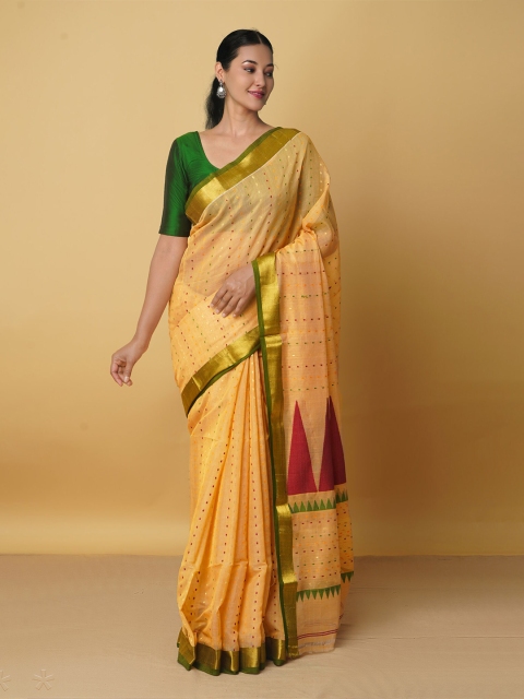 

Unnati Silks Orange & Green Woven Design Zari Silk Cotton Maheshwari Saree