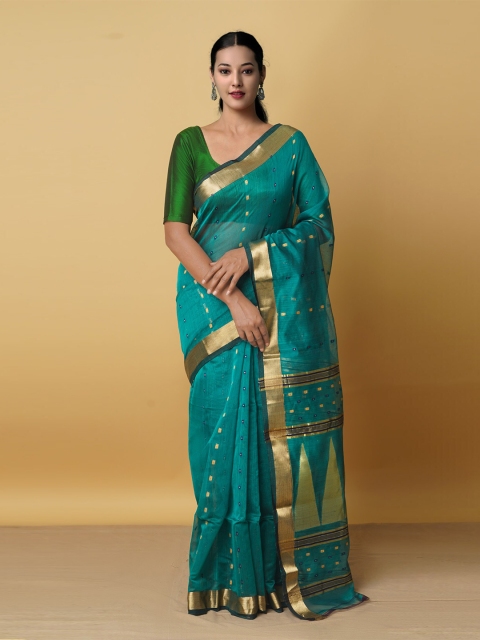 

Unnati Silks Green & Gold-Toned Ethnic Motifs Zari Silk Cotton Maheshwari Saree