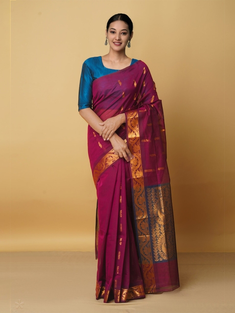 

Unnati Silks Purple & Blue Woven Design Zari Pure Cotton Gadwal Saree