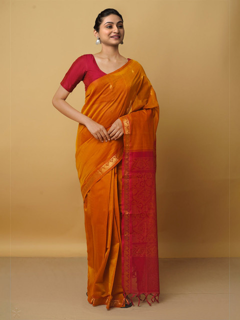 

Unnati Silks Orange & Gold-Toned Woven Design Zari Pure Cotton Venkatgiri Saree