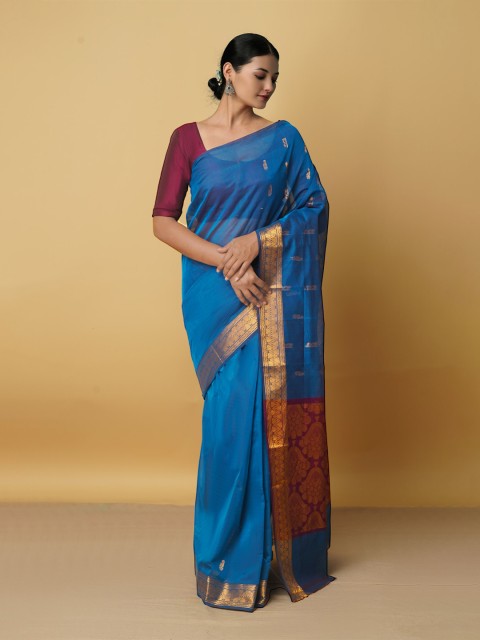 

Unnati Silks Blue & Gold-Toned Woven Design Zari Pure Cotton Gadwal Saree