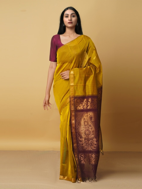 

Unnati Silks Green & Gold-Toned Woven Design Zari Pure Cotton Venkatgiri Saree
