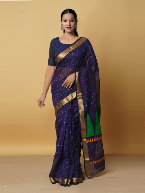 

Unnati Silks Navy Blue & Green Woven Design Zari Silk Cotton Maheshwari Saree