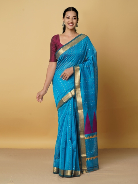 

Unnati Silks Blue & Purple Woven Design Zari Silk Cotton Maheshwari Saree