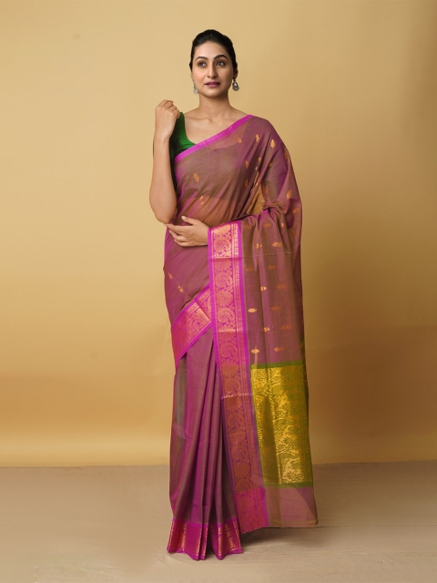 

Unnati Silks Green & Purple Woven Design Zari Pure Cotton Gadwal Saree
