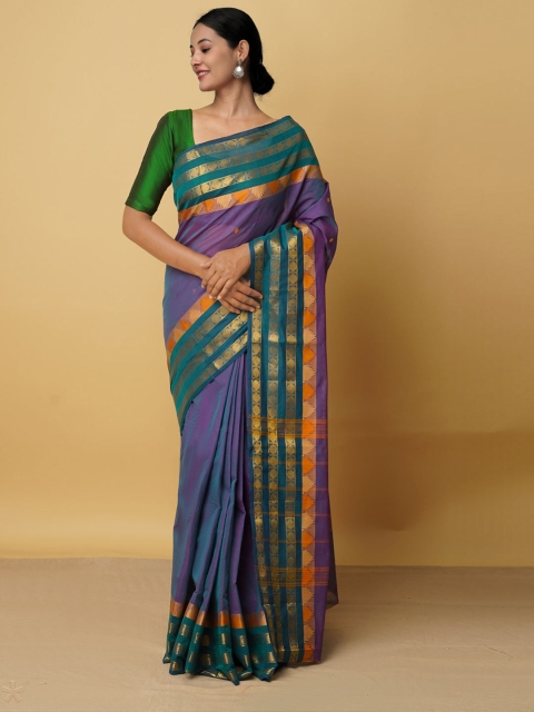 

Unnati Silks Purple & Green Woven Design Zari Pure Cotton Kanjeevaram Saree