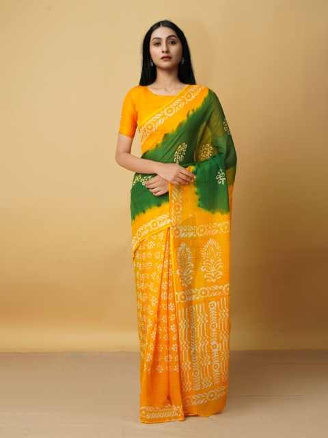 

Unnati Silks Green & Yellow Batik Pure Cotton Kota Saree