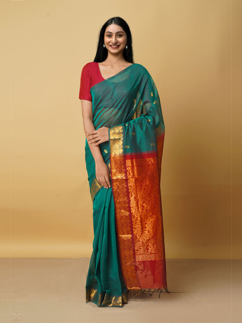 

Unnati Silks Green & Red Woven Design Zari Pure Cotton Gadwal Saree