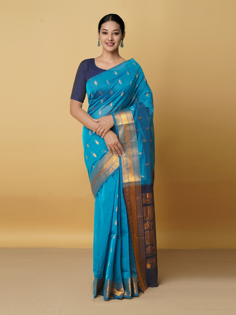 

Unnati Silks Blue & Navy Blue Woven Design Zari Pure Cotton Gadwal Saree