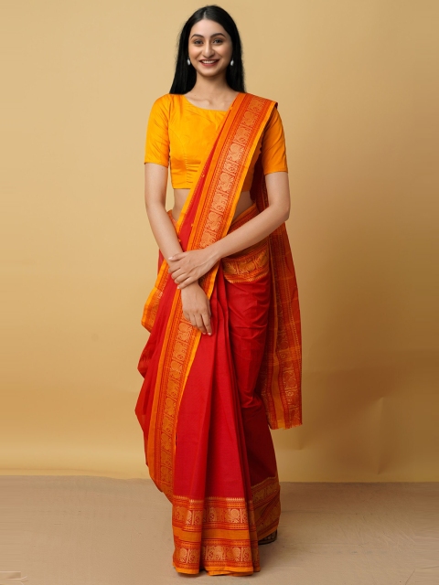 

Unnati Silks Red & Gold-Toned Woven Design Zari Pure Cotton Kanjeevaram Saree