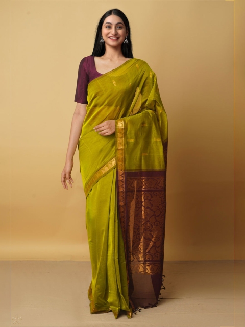 

Unnati Silks Green & Brown Woven Design Zari Pure Cotton Venkatgiri Saree