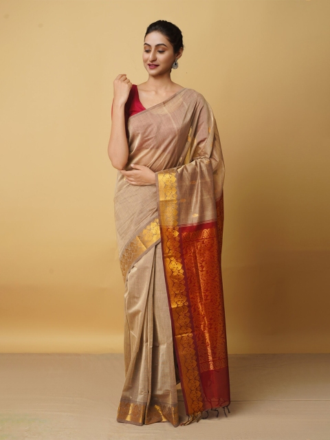 

Unnati Silks Brown & Red Woven Design Zari Pure Cotton Gadwal Saree
