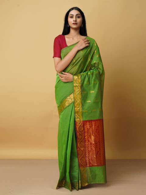 

Unnati Silks Green & Red Woven Design Zari Pure Cotton Gadwal Saree