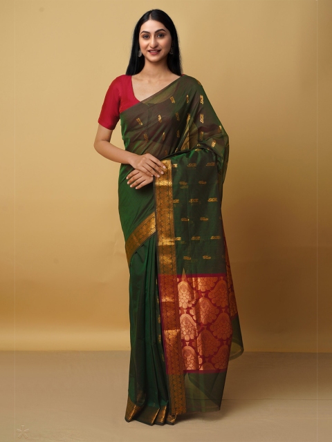 

Unnati Silks Green & Red Woven Design Zari Pure Cotton Gadwal Saree