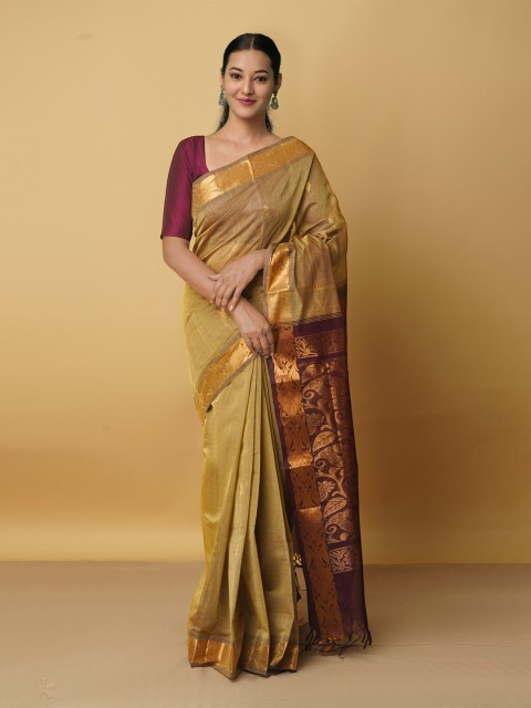

Unnati Silks Brown & Maroon Woven Design Zari Pure Cotton Gadwal Saree