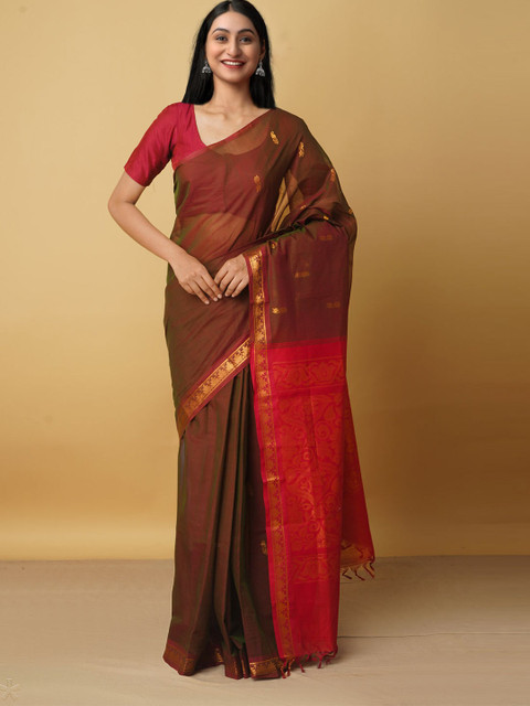 

Unnati Silks Brown & Red Woven Design Zari Pure Cotton Handloom Venkatgiri Saree