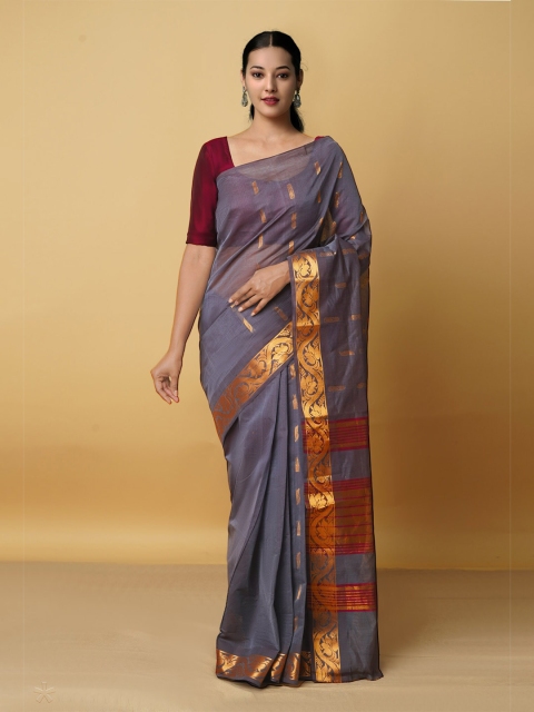 

Unnati Silks Grey & Red Woven Design Zari Pure Cotton Handloom Gadwal Saree