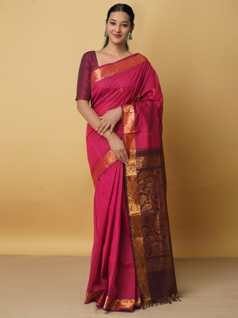

Unnati Silks Pink & Gold-Toned Woven Design Zari Pure Cotton Handloom Gadwal Saree