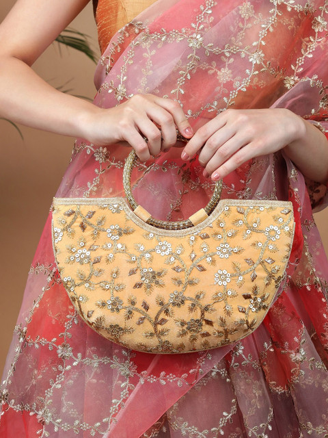 

Rubans Cream-Coloured & Gold-Toned Embroidered Embellished Half Moon Clutch
