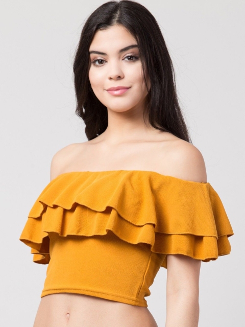 

Gaurgeous Yellow Off-Shoulder Ruffles Crepe Bardot Crop Top