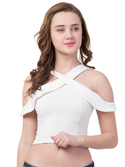 

Gaurgeous Women White Solid Crepe Fitted Crop Top