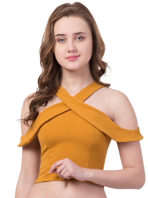 

Gaurgeous Women Mustard Yellow Halter Neck Crepe Crop Top