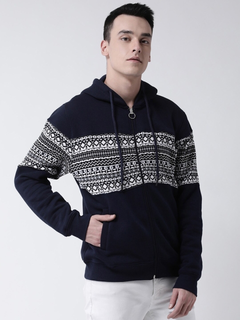 

Club York Men Navy Blue Geometric Woven Design Hooded Sweatshirt
