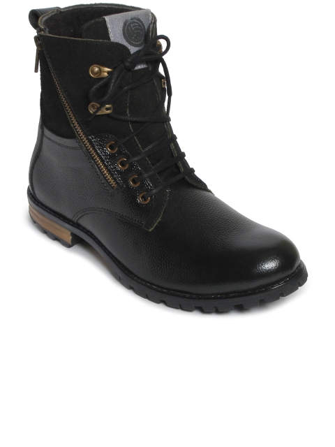 

bacca bucci Men Black Solid Leather High-Top Flat Boots