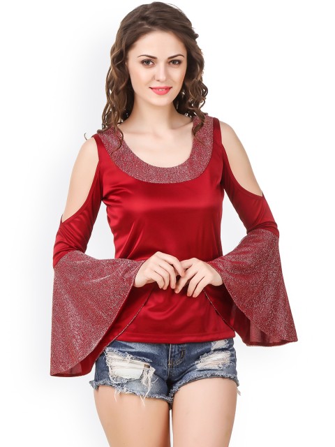 

Texco Women Red Self Design Cold-Shoulder Top