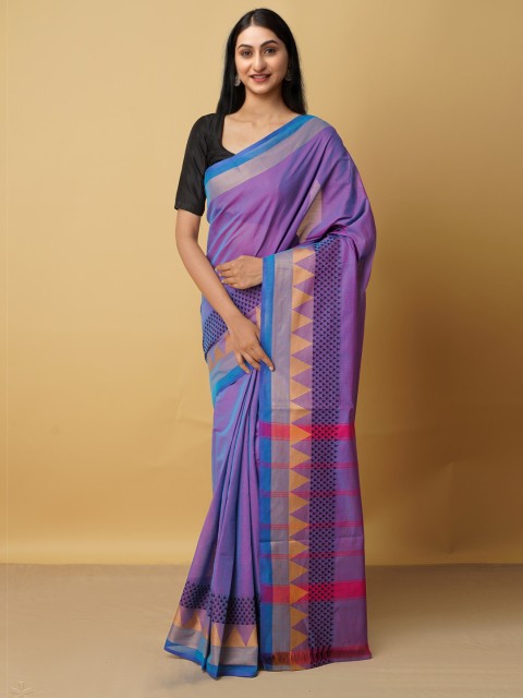 

Unnati Silks Purple & Silver-Toned Woven Design Zari Pure Cotton Kanjeevaram Saree