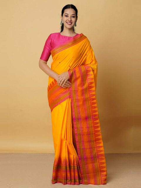 

Unnati Silks Orange & Pink Woven Design Pure Cotton Kanjeevaram Saree