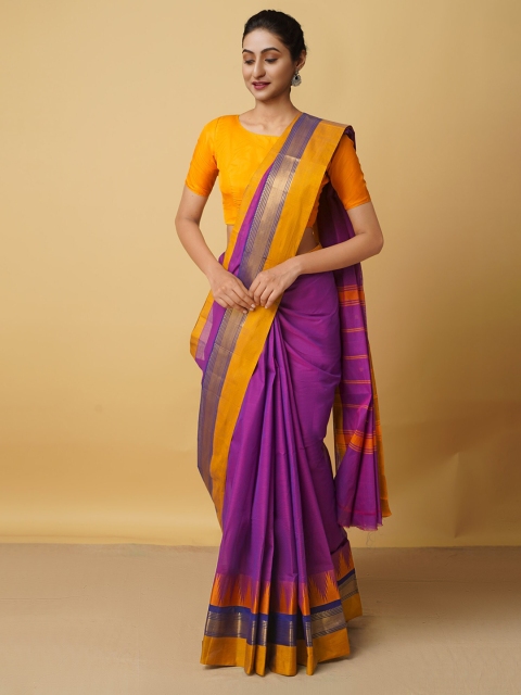 

Unnati Silks Purple & Gold-Toned Woven Design Pure Cotton Kanjeevaram Saree