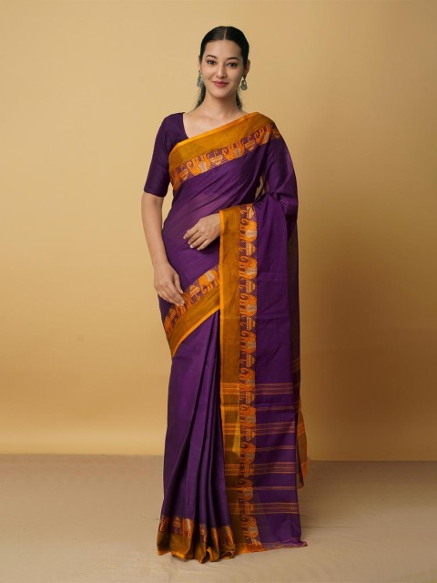 

Unnati Silks Purple & Yellow Woven Design Zari Pure Cotton Kanjeevaram Saree