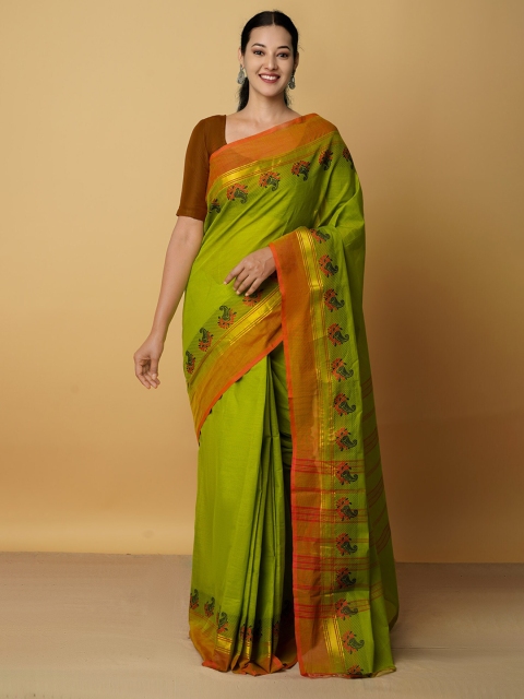 

Unnati Silks Green & Orange Woven Design Zari Pure Cotton Kanjeevaram Saree