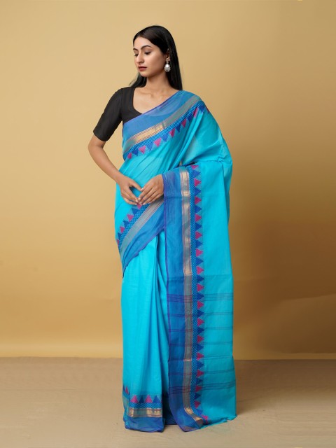 

Unnati Silks Blue & Gold-Toned Woven Design Zari Pure Cotton Kanjeevaram Saree
