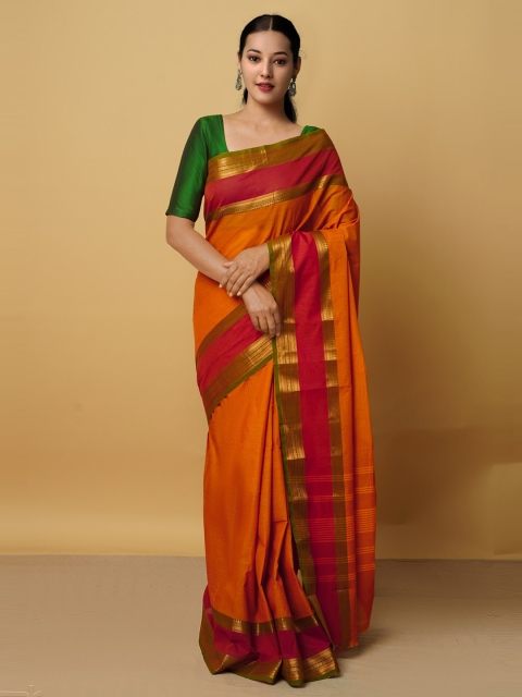 

Unnati Silks Orange & Gold-Toned Zari Pure Cotton Kanjeevaram Saree
