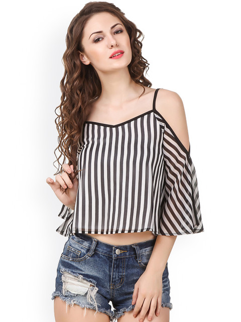 

Texco Women Black & White Striped Boxy Top