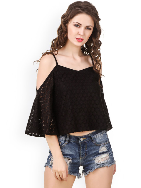 

Texco Women Black Self Design Cold Shoulder Boxy Top