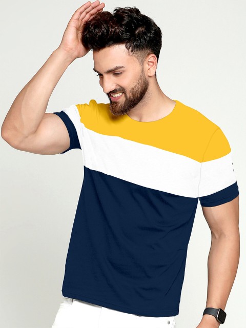 

GESPO Men Mustard Yellow & Navy Blue Colourblocked T-shirt