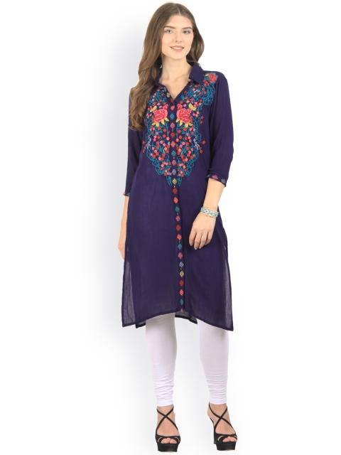 

La Firangi Women Blue Embroidered Straight Kurta