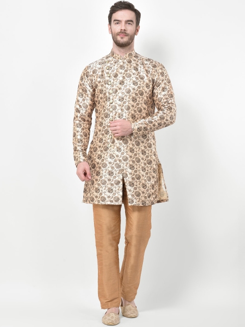 

SG LEMAN Men Beige Floral Printed Raw Silk Kurta with Pyjamas