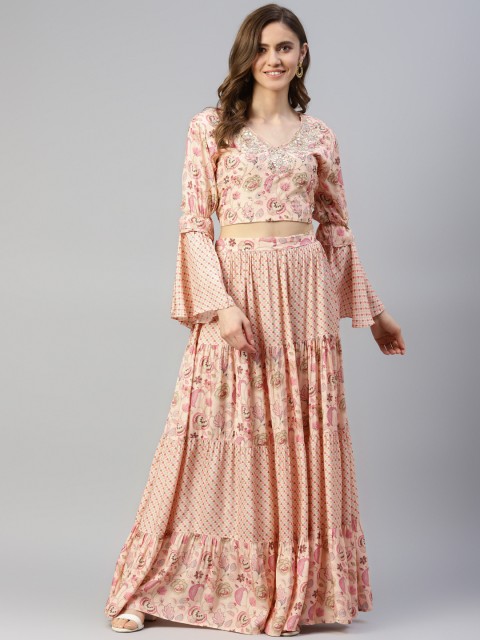 

Divena Peach-Coloured Printed Beads and Stones Ready to Wear Fusion Lehenga Set