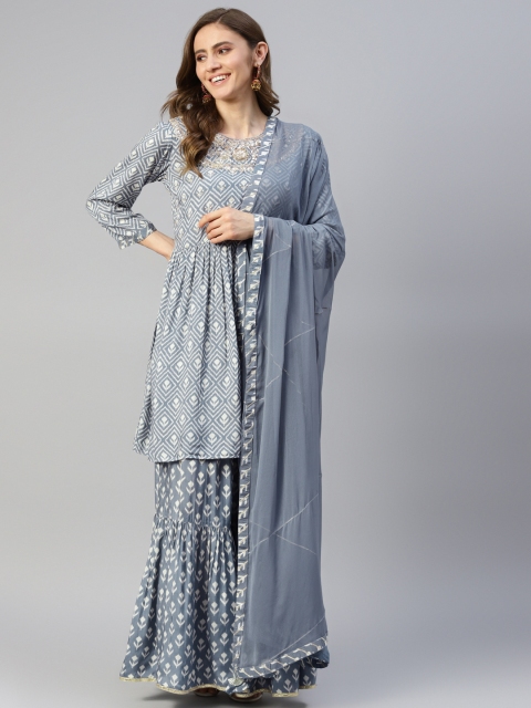 

Divena Women Grey & Off-White Ikat Print Thread Work Kurta with Sharara & Dupatta