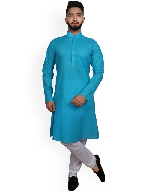 

SG LEMAN Men Turquoise Blue Pure Cotton Kurta with Churidar