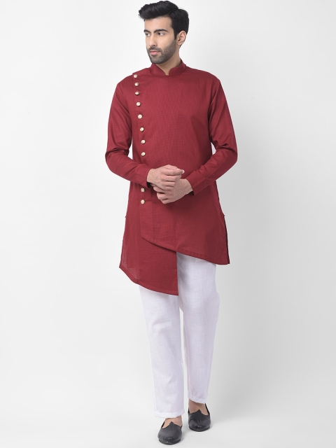 

SG LEMAN Men Maroon & White Angrakha Pure Cotton Kurta with Trousers