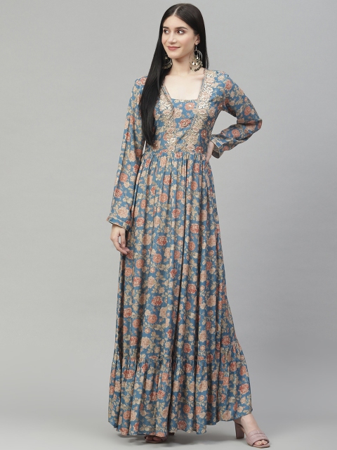 

Divena Sea Green Floral Printed Sequin Detail Muslin Maxi Gown