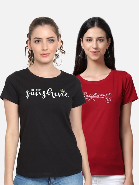 

UnaOne Women Pack Of 2 Black & Maroon Typography Printed T-shirt