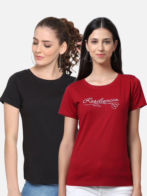 

UnaOne Pack Of 2 Women Black & Maroon Typography Printed Round Neck Pure Cotton T-shirt
