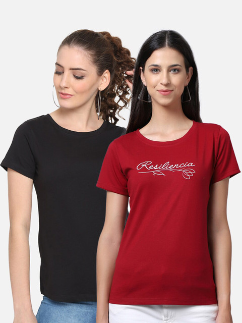 

UnaOne Women Pack of 2 Black & Maroon Typography 2 Printed T-shirt